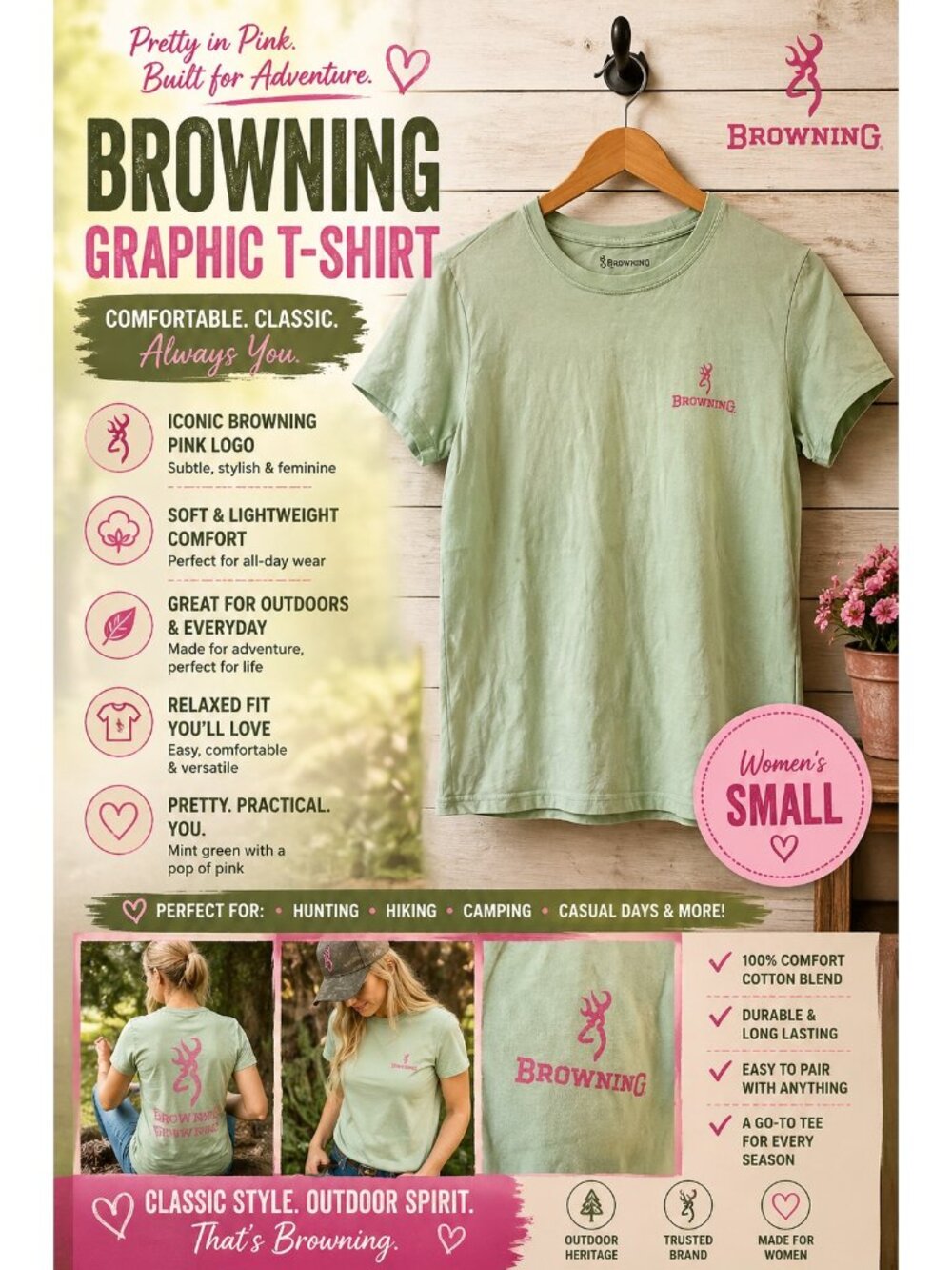 Browning Graphic T Shirt Womens Small Mint Green Pink Logo Outdoor Casual Tee